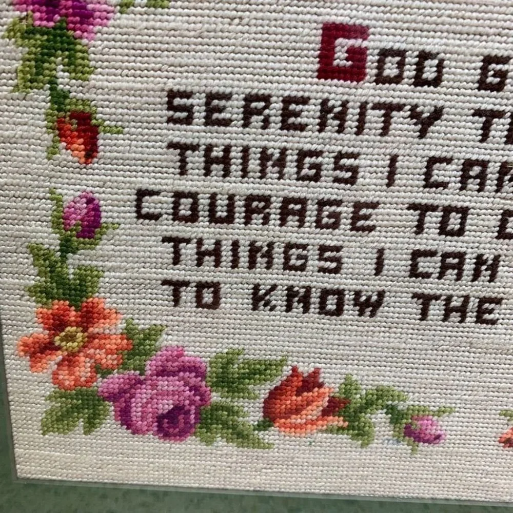 Large Finished Needlepoint Serenity Prayer Floral Framed Wall Hanging Recovery‎